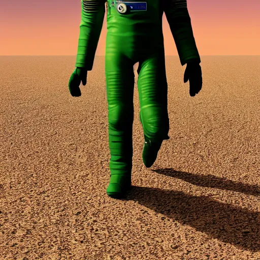 Prompt: a 3 d render of an astronaut walking in a green desert,