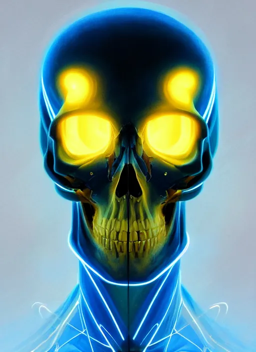 Image similar to symmetry!! portrait of a skull, sci - fi, tech wear, blue and yellow glowing lights!! intricate, elegant, highly detailed, digital painting, artstation, concept art, smooth, sharp focus, illustration, art by artgerm and greg rutkowski and alphonse mucha