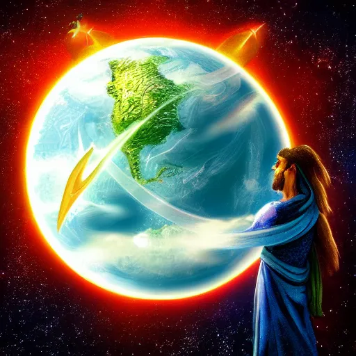 Prompt: Mythological god holding planet Earth in space, 4k detailed art, deviantart