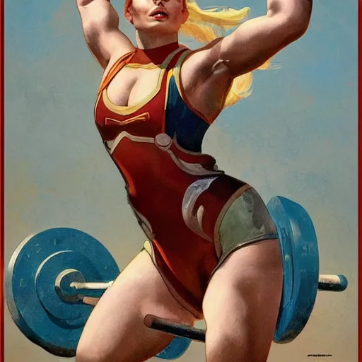 Image similar to socialist realism propaganda poster of margot robbie as beautiful female very muscular weightlifter from overwatch, portrait, profile picture, socialist realism, highly detailed, intricate, digital painting, artstation, sharp focus, illustration, art by jakub rozalski, greg rutkowski, artgerm, tan zi and ayanamikodon and alphonse mucha and wlop