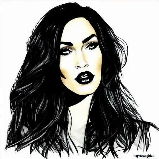 Prompt: “Megan Fox portrait, color illustration by theflowerguy”