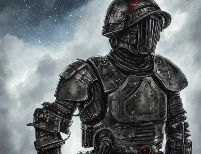 Image similar to a detailed portrait painting of a lone bounty hunter wearing combat armour and a reflective visor. Head and chest only. Dystopian. Dieselpunk elements. Movie scene, cinematic sci-fi scene. Flight suit, cloth and metal, accurate anatomy. Samurai influence, knight influence. fencing armour. portrait symmetrical and science fiction theme with lightning, aurora lighting. clouds and stars. Atmospheric. Futurism by moebius beksinski carl spitzweg moebius and tuomas korpi. baroque elements. baroque element. intricate artwork by caravaggio. Oil painting. Trending on artstation. 8k