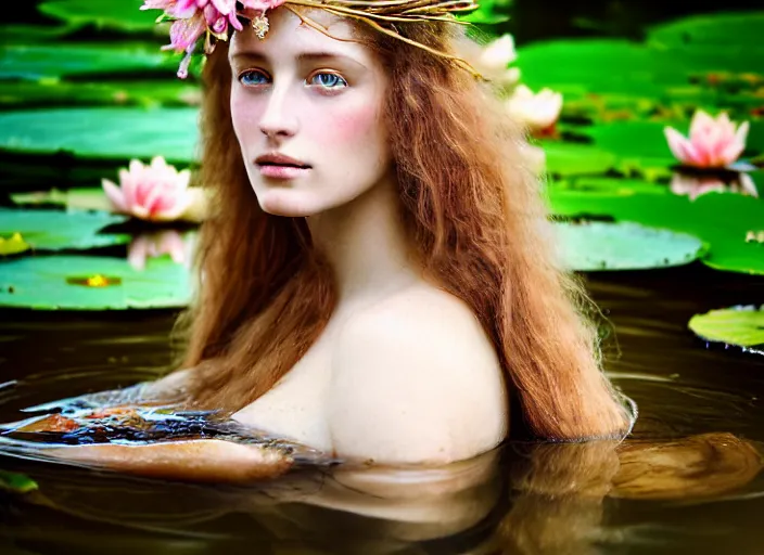 Prompt: portrait photography of a beautiful woman how pre-Raphaelites beauty type in style of Giovanni Gastel, britt marling style 3/4 , natural color skin, the face emerges from the water of a pond with water lilies, half face and hair are immersed in water, long blond hair are intricate with highly detailed realistic branches with little point rose' gems flowers like a crown, a beautiful ethereal lace transparent point rose' dress, 8K, soft focus, melanchonic soft light, volumetric lighting, highly detailed Realistic, Refined, Highly Detailed, natural point rose' outdoor soft pastel lighting colors scheme, blu color scheme background, soft blur outdoor lighting, fine art fashion photography