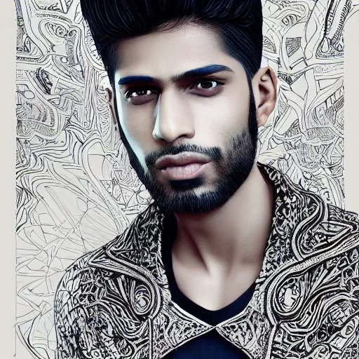 Image similar to portrait of a pakistani male model, an ultrafine detailed illustration by james jean, intricate linework, bright colors, final fantasy, behance contest winner, vanitas, angular, altermodern, unreal engine 5 highly rendered, global illumination, radiant light, detailed and intricate environment