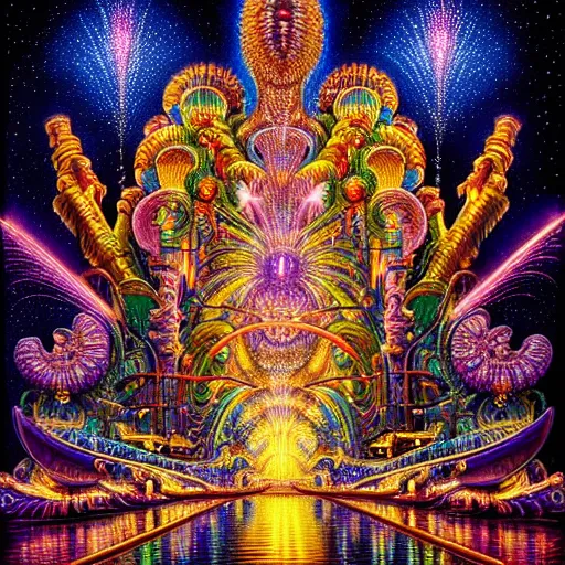 Prompt: intricate detailed mirror gallery lit by fireworks, reflective shimmering polished mirrors of bismuth. Lisa Frank, james gurney,dan luvisi,Petros Afshar,tim hildebrandt,liam wong,Mark Riddick,thomas kinkade,ernst haeckel,dan mumford,trending on artstation,josephine wall, WLOP ,cgsociety by Gediminas Pranckevicius, trending on cgsociety and DeviantArt