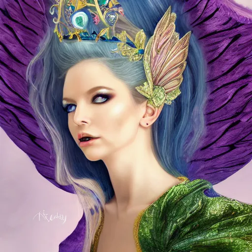 Image similar to detailed portrait of a fairy queen with wings wearing a silk robe, crown, pixie, iris, realism, emerald, galaxy, sapphire,blonde hair going down to the floor, moonlit, wearing a bejeweled mask, dark fantasy, dramatic lighting, cgsociety, artstation