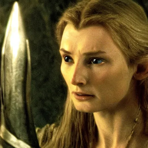 Prompt: Liam Neeson as Galadriel, Lord of the Rings, film still, high detail