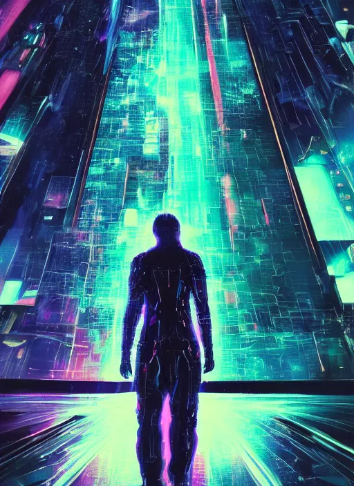 Prompt: one cyber godly person made of cosmic nebula galaxy energy watching a rainy colorful complex cyberpunk futuristic holographic city from behind at night through a window in a room, reflections, high contrast, 8 k, photorealistic, concept art, wet, highly detailed, cinematic mood by ridley scott, ghost in the shell, trending on artstation, glowing and epic