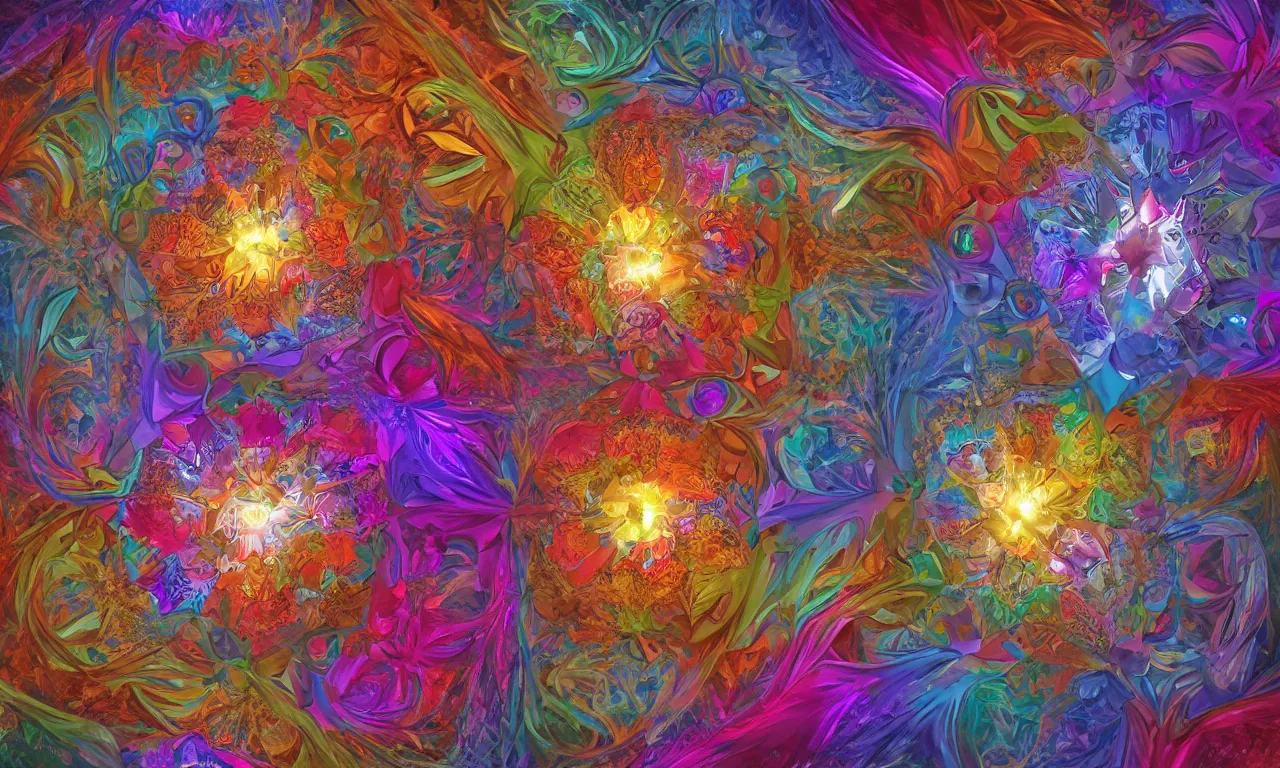 Image similar to voronoi engine laboratory 3 d volume kaleidoscope mandala fractal chakra digital multicolor stylized concept substance by artgerm, rossdraws, norman rockwell, magali villeneuve, gil elvgren, alberto vargas, earl moran, enoch bolles radiating a glowing aura global illumination ray tracing hdr