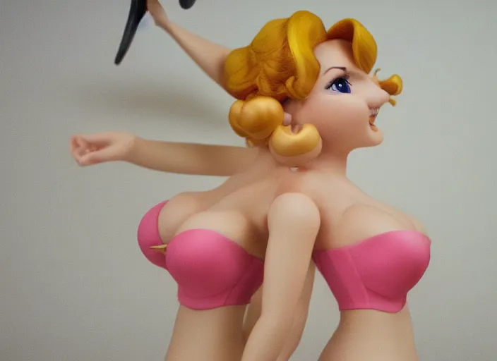 Prompt: detailed photograph hyper realistic princess peach, tight push up bra, really large bust, with a pouting smile, beautiful low light, 4 5 mm, by quintin tarantino