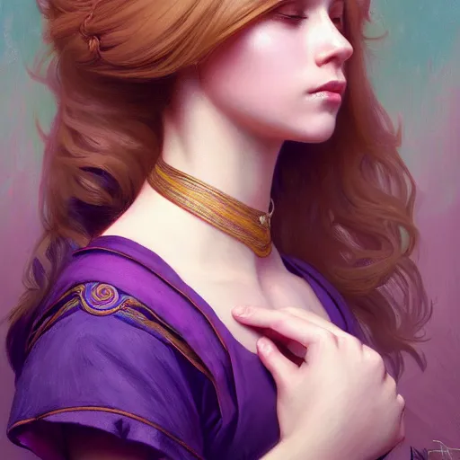 Prompt: portrait of a young blonde girl with a dark purple parrot, upper body, long hair, intricate, elegant, highly detailed, digital painting, artstation, concept art, matte, sharp focus, illustration, art by artgerm and greg rutkowski and alphonse mucha