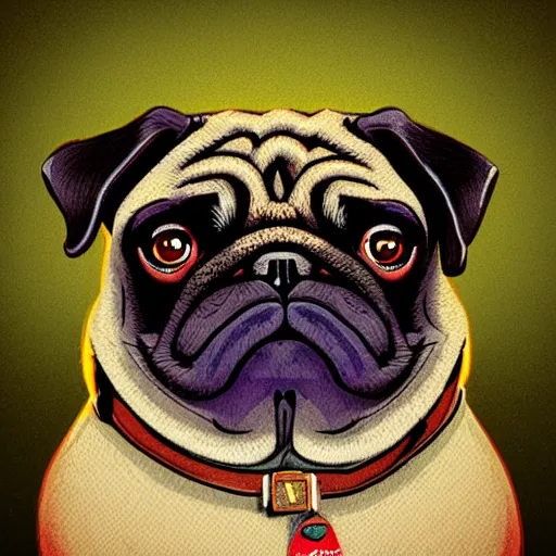 Prompt: Portrait of weed smoking pug, digital painting, highly detailed, retro, artstation, concept art, smooth, sharp focus, illustration