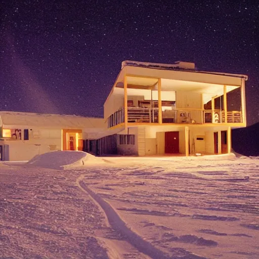 Prompt: an 8 0 s era house in antarctica at night