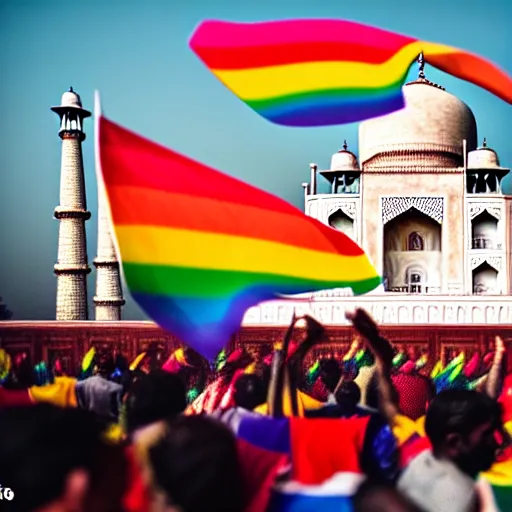 Image similar to photo of crowd of men with rainbow flags dancing at ( ( ( ( taj mahal ) ) ) ), cinematic color grading, soft light, faded colors, well framed, sharp focus, 8 k