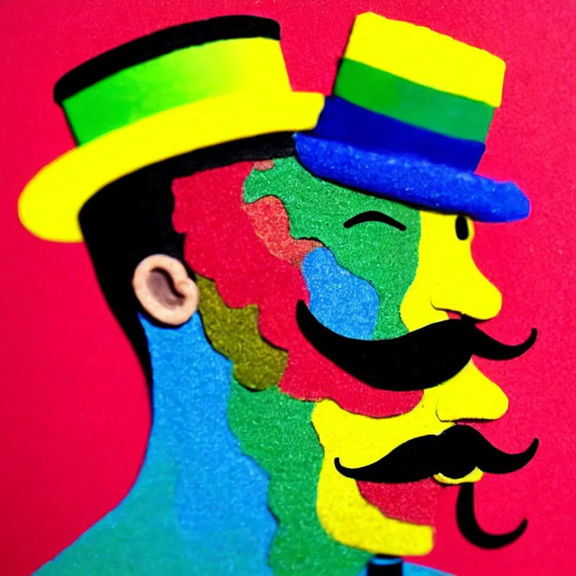 Prompt: a man made entirely from crayons with a top hat and mustache