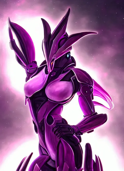 Image similar to cinematic close shot, galactic sized goddess, proportional stunning beautiful hot female warframe, sleek mecha female dragon head, metal ears, led purple eyes, smooth fuschia skin, smooth silver armor, floating in space, holding a galaxy, epic proportions, epic size, epic scale, furry art, dragon art, giantess art, warframe fanart, furaffinity, octane