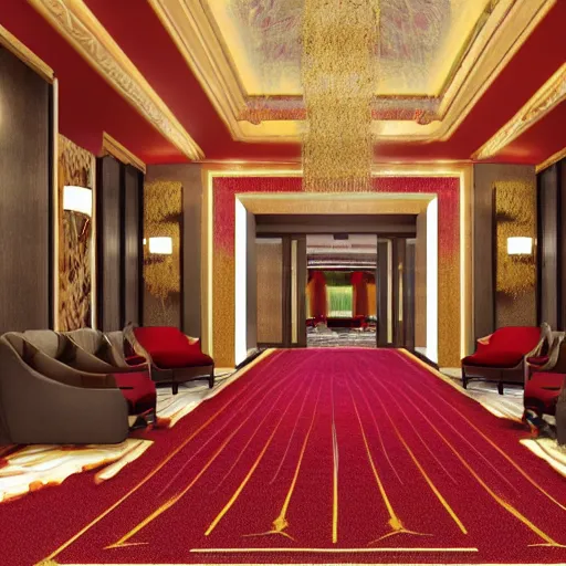 Image similar to isometric view of a lavish hotel lobby, full of cherrywood and red carpet and golden accents on the walls, high quality, digital art, room design