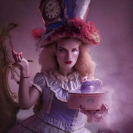 Image similar to full body pose, hyperrealistic photograph of alice in wonderland, dim volumetric lighting, 8 k, octane beautifully detailed render, extremely hyper detailed, intricate, epic composition, cinematic lighting, masterpiece, trending on artstation, very very detailed, stunning, hdr, smooth, sharp focus, high resolution, award, winning photo, dslr, 5 0 mm