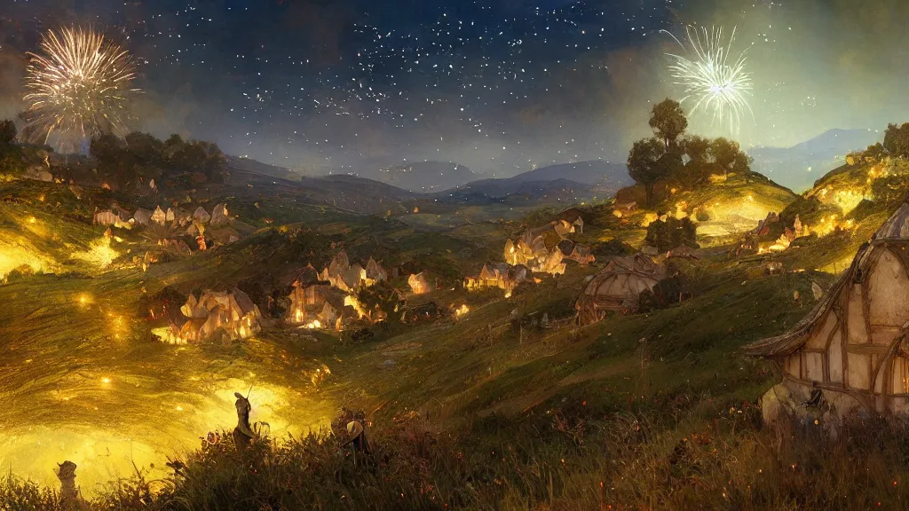 Image similar to a beautiful painting of hills in the shire with round hobbit doors and windows during a fireworks festival, at night with a sky full of stars and fireworks, intricate, elegant, highly detailed, digital painting, artstation, concept art, by krenz cushart and artem demura and alphonse mucha