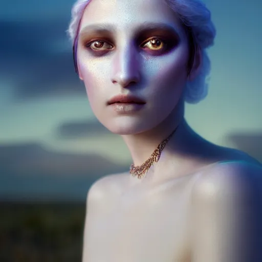 Prompt: photographic portrait of a stunningly beautiful renaissance priestess female in a white eyes trance, in soft dreamy light at sunset, contemporary fashion shoot, by edward robert hughes, annie leibovitz and steve mccurry, david lazar, jimmy nelsson, breathtaking, 8 k resolution, extremely detailed, beautiful, establishing shot, artistic, hyperrealistic, beautiful face, octane render