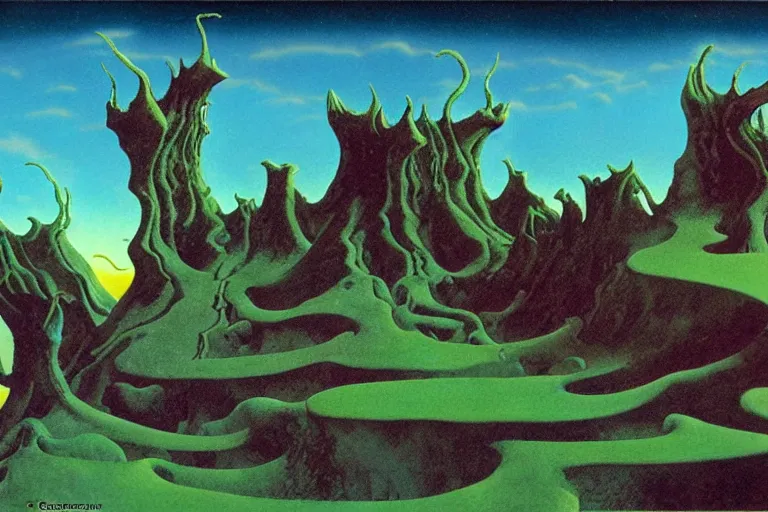 Prompt: lovecraftian landscape, another world by Roger Dean