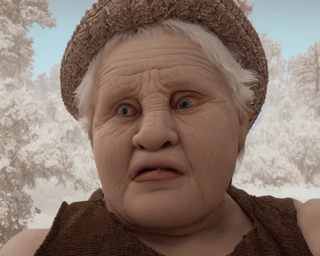 Image similar to of a very beautiful scene. ambient occlusion render. a sweet fat old woman is giving birth to a huge art book. hyper realistic. 4 k. wide angle. wild. symmetrical face, red mouth, blue eyes. deep focus, lovely scene. ambient occlusion render. concept art. unreal engine.