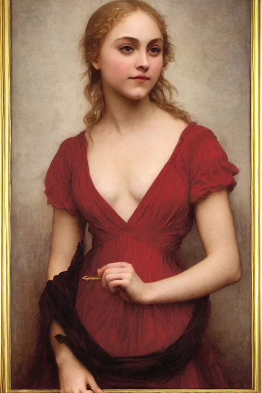 Image similar to annasophia robb wearing red houpelande, bouguereau