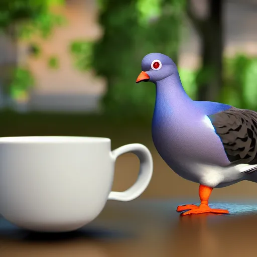 Image similar to pigeon couple drinking a cup of coffee on dark background, 3d render by Pixar, raytracing