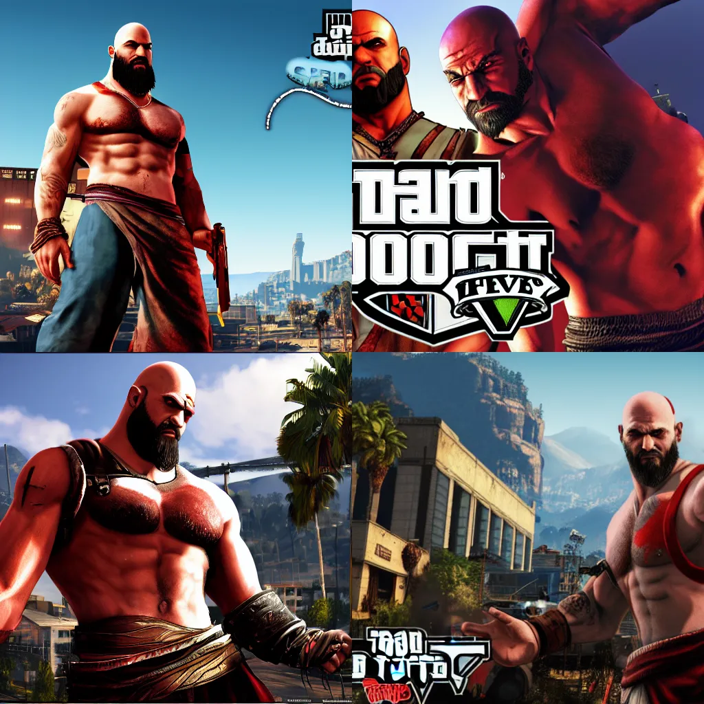 Prompt: Kratos in the Grand Theft Auto 5 loading screen, 4k wallpaper, box art