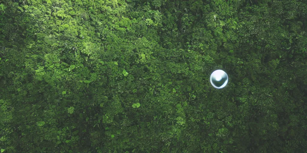Image similar to photo of a chrome blob hovering in the amazon jungle, cinematic wide shot
