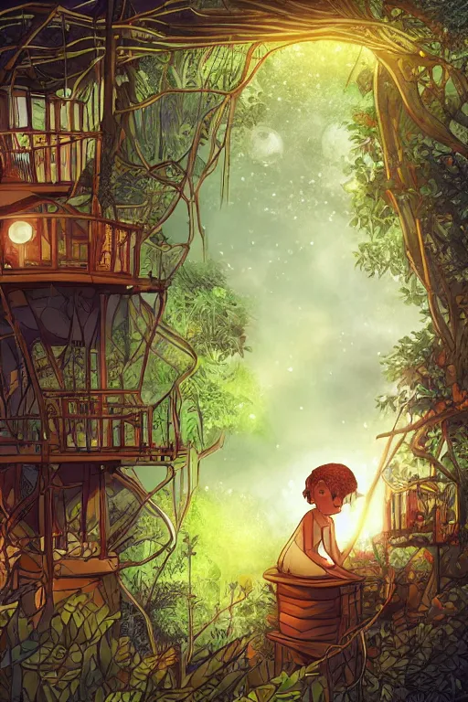 Image similar to a tree house with warm light through the window in the jungle, moonlight, night, by alba ballesta gonzalez. 4 k wallpaper, digital flat 2 d, japan animation, comic book, illustration, cinematic lighting, smooth sharp focus.