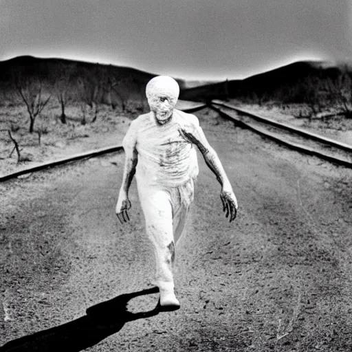 Image similar to real life irradiated walking zombie 1950s nuclear wasteland black and white award winning photo highly detailed, highly in focus, highly life-like Arriflex 35 II, by stanley kubrick