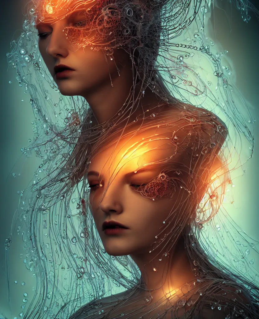 Image similar to close-up portrait of the face of a beautiful gloomy gothic princess, epic angle and pose, symmetrical artwork, 3d with depth of field, blurred background, cybernetic jellyfish female face skull phoenix bird, translucent, nautilus, energy flows of water and fire. a highly detailed epic cinematic concept art CG render. made in Maya, Blender and Photoshop, octane render, excellent composition, cinematic dystopian brutalist atmosphere, dynamic dramatic cinematic lighting, aesthetic, very inspirational, arthouse. y Greg Rutkowski, Ilya Kuvshinov, WLOP, Stanley Artgerm Lau, Ruan Jia and Fenghua Zhong