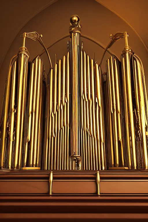 Image similar to a detailed render of an isolated lonely marble pipe organ in a church, with large golden pipes, trending on artstation, render, 3 d, octane, 4 k, 8 k, unreal engine, cinema 4 d