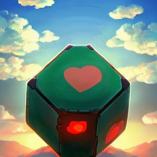 Image similar to beautiful painting of companion cube in a beautiful landscape, anime, studio ghibli, makoto shinkai, rhads, radiant light, detailed and intricate environment