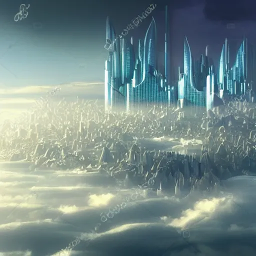 Prompt: utopian futuristic city floating in the clouds