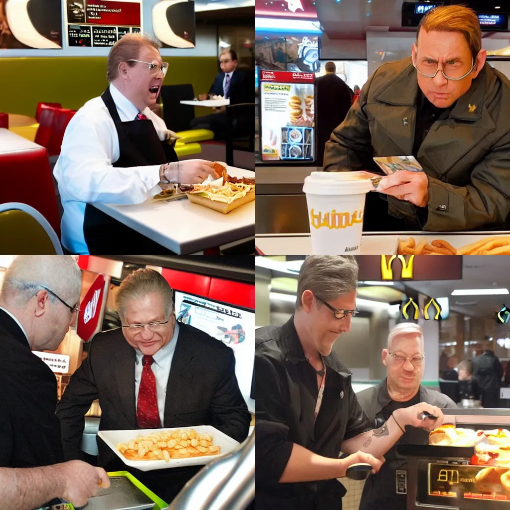 Prompt: Senator Armstrong from acclaimed video game Metal Gear Rising orders food at a McDonalds, candid photography