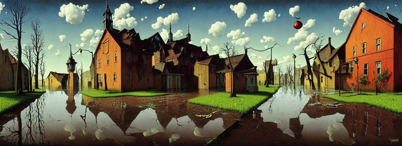 Prompt: flooded! old dark scary wooden empty cursed town street entrance, very coherent and colorful high contrast masterpiece by gediminas pranckevicius rene magritte norman rockwell franz sedlacek, full - length view, dark shadows, sunny day, hard lighting, reference sheet white background