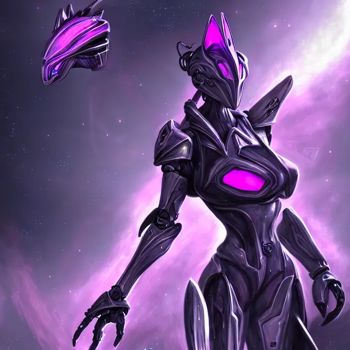 Image similar to cinematic galactic shot, cosmic sized proportional stunning beautiful hot female warframe, detailed robot mecha female dragon head, metal ears purple eyes, sleek silver armor, fuschia skin, floating in empty space, nebula sized, posing elegantly, epic proportions, epic size, epic scale, furry art, dragon art, giantess art, warframe fanart, furaffinity, deviantart