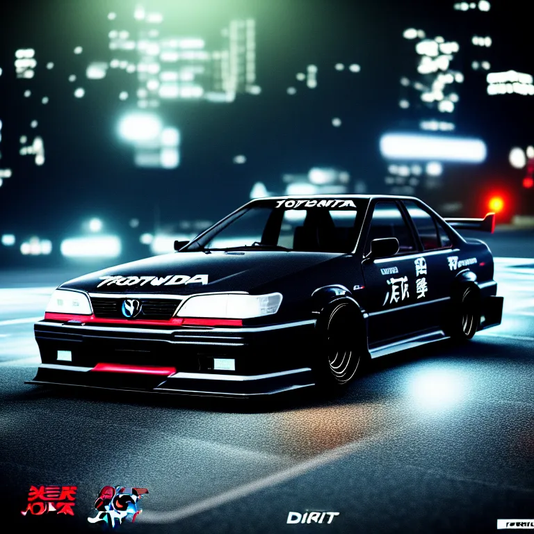 Image similar to Toyota JZX90 Drift, detailed-wheels, Shibuya prefecture, cinematic lighting, photorealistic, night photography, octane render