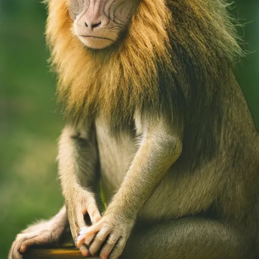 Prompt: An Award winning photo of a Half Monkey Half Lion hybrid, 4K, , cinestill 800, Noctilux 50mm