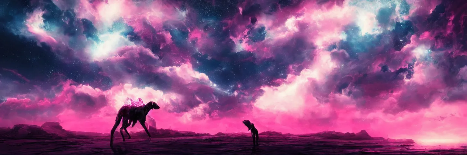 Image similar to space, hyperdetailed illustration, portrait big dark dog, mohawk, stars, pink, neon, oil painting, rich deep colors masterpiece, pirate neon ship, ultra detailed, contrast, heaven pink, clouds, volumetric light, atmospheric lighting, dramatic, cinematic, moody, octane render 4 k, 8 k