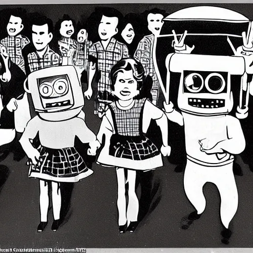 Prompt: in the style of 1960s, A scary robot is chasing after a bunch of scared adults with fully detailed faces, down the street, fully detailed , faces in focus