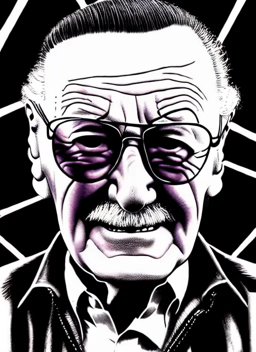 Image similar to stan lee, extremely detailed, bold line art, by vincent di fate and joe fenton and artgerm, marvel, inking, etching, screen print, masterpiece, trending on artstation, sharp, high contrast, hyper realistic, hd, 4 k, 8 k