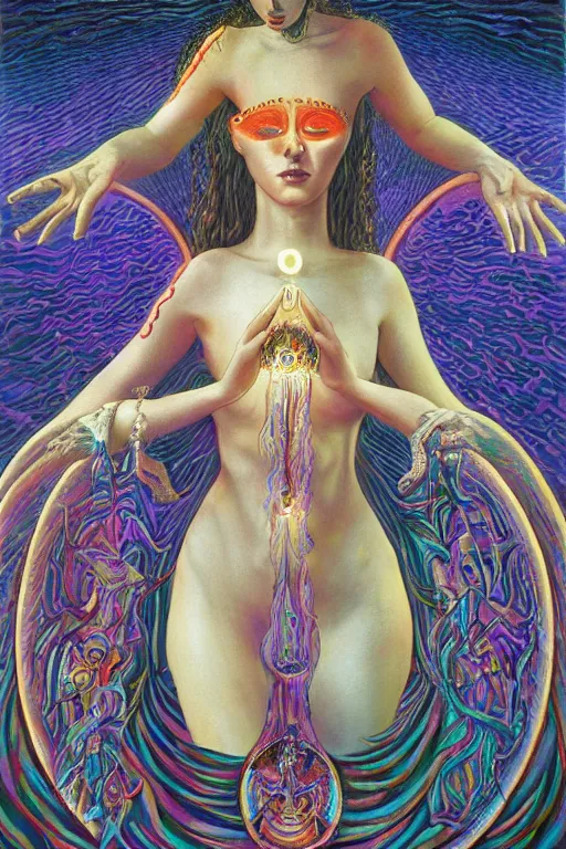 Image similar to mystic cult girl performing third eye ritual, expanding energy into waves into the ethos, epic surrealism oil paint, post modernist layering, by Ernst Fuchs, John Howe highly detailed