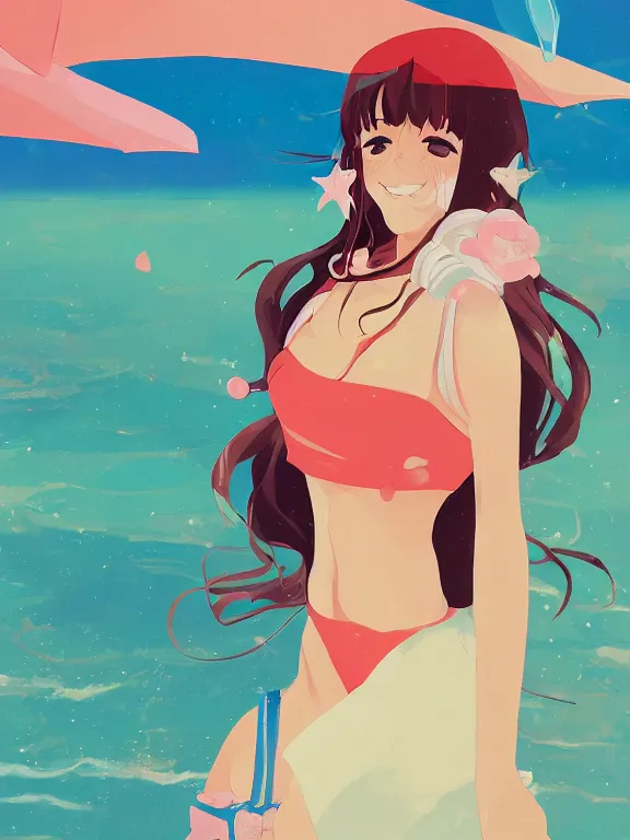 Image similar to Portrait of a happy anime woman on the beach near the ocean, by james gilleard