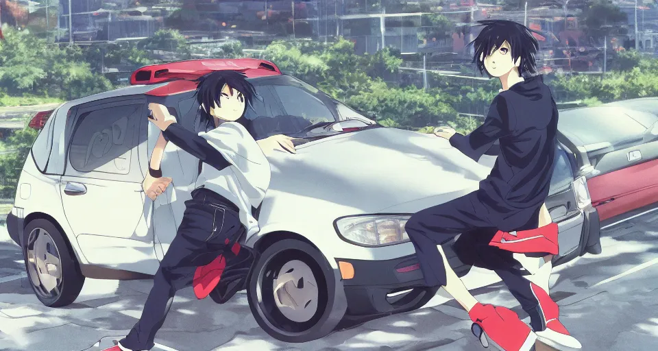 Image similar to closeup of a high definition anime guy with short dark blue hair and black streetwear clothing riding a dark red 1996 Hyundai Accent car with armenia quindio in the background, Artwork by Makoto Shinkai, pixiv, 8k, official media, wallpaper, hd