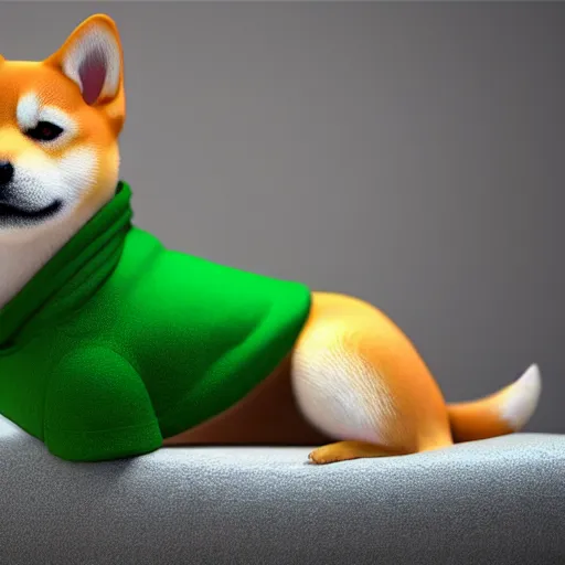 Image similar to a Shiba Inu wearing a green hoodie sitting on a couch, photo realistic, trending on artstation, HDR, nicely detailed, 8k