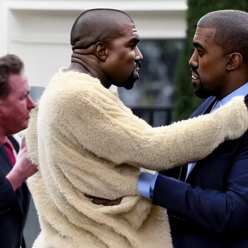 Image similar to kanye west giving donald trump a big bear hug in front of the white house while kanye smells trumps hair