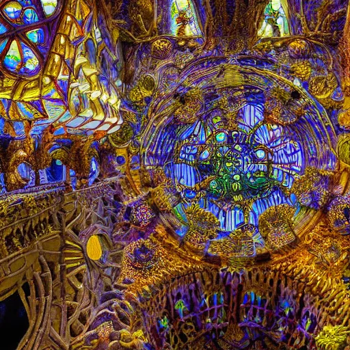 Image similar to intricate detailed glowing visionary architecture and gardens by antoni gaudi, john stephens, alex gray